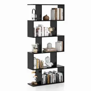 5-Tier Geometric Bookshelf, S Shaped Bookcase w/Anti-Toppling Device, Freestanding Room Divider, Industrial Home Office Decor Wood Open Storage Display Shelf for Living Room (1, Black) 5-Tier Geometric Bookshelf, S Shaped Bookcase w/Anti-Toppling Device, Freestanding Room Divider, Industrial Home Office Decor Wood Open Storage Display Shelf for Living Room (1, Black)