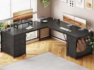 L Shaped Desk, 63'' Corner Desk with 5 Drawer & Power Outlet, Larger Home Office Desk or Gaming Desk, L Shaped Corner Desk with Monitor Shelf, Storage Cabinet, Black L Shaped Desk, 63'' Corner Desk with 5 Drawer & Power Outlet, Larger Home Office Desk or Gaming Desk, L Shaped Corner Desk with Monitor Shelf, Storage Cabinet, Black