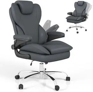 Office Chair, Ergonomic Big and Tall Desk Leather Chair with Padded Flip-up Arms, Adjustable Tilt Lock, Heavy Duty Swivel Rolling Computer Chair for Home Office, Grey Office Chair, Ergonomic Big and Tall Desk Leather Chair with Padded Flip-up Arms, Adjustable Tilt Lock, Heavy Duty Swivel Rolling Computer Chair for Home Office, Grey