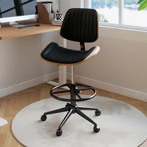 Drafting Chair, Ergonomic Office Chair with Walnut Wood Back Support, Armless PU Leather Desk Chair with Height-Adjustable, Thick Cushion for Home, Bar, Drafting, Office (Black) Drafting Chair, Ergonomic Office Chair with Walnut Wood Back Support, Armless PU Leather Desk Chair with Height-Adjustable, Thick Cushion for Home, Bar, Drafting, Office (Black)