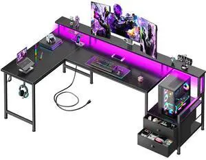 66'' L Shaped Gaming Desk with Drawers and Storage Shelves, Reversible Corner Desk with Power Outlets and Host Stand, Large Computer Desk with Led Lights for Gaming, Work, Home Office, Black 66'' L Shaped Gaming Desk with Drawers and Storage Shelves, Reversible Corner Desk with Power Outlets and Host Stand, Large Computer Desk with Led Lights for Gaming, Work, Home Office, Black