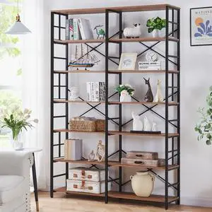 Bookshelf, Industrial Double Wide 7-Tier Bookshelves, 84" Tall Bookcase with Open Shelves, Heavy Duty Bookcases with Storage for Living Room Home Office, Rustic Brown Bookshelf, Industrial Double Wide 7-Tier Bookshelves, 84" Tall Bookcase with Open Shelves, Heavy Duty Bookcases with Storage for Living Room Home Office, Rustic Brown