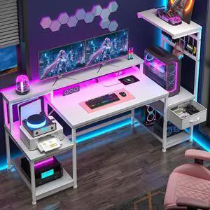 55" Computer Desk with LED Lights & Outlets,Office Desk with Drawers & Monitor Stand,Gaming Desk with 3 Storage Shelves, Hooks& Printer Space for Game&Study Room,Home Office,Bedroom,White 55" Computer Desk with LED Lights & Outlets,Office Desk with Drawers & Monitor Stand,Gaming Desk with 3 Storage Shelves, Hooks& Printer Space for Game&Study Room,Home Office,Bedroom,White