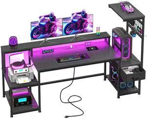 63" Gaming Desk with LED Lights & Outlets,Computer Desk with Drawers & Monitor Stand,Gaming Table with 3 Storage Shelves, Hooks& Printer Space for Game&Study Room,Home Office,Bedroom,Black 63" Gaming Desk with LED Lights & Outlets,Computer Desk with Drawers & Monitor Stand,Gaming Table with 3 Storage Shelves, Hooks& Printer Space for Game&Study Room,Home Office,Bedroom,Black