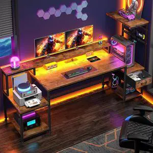 63" Computer Desk with LED Lights & Outlets,Office Desk with Drawers & Monitor Stand,Gaming Desk with 3 Storage Shelves, Hooks& Printer Space for Game&Study Room,Home Office,Bedroom,Brown 63" Computer Desk with LED Lights & Outlets,Office Desk with Drawers & Monitor Stand,Gaming Desk with 3 Storage Shelves, Hooks& Printer Space for Game&Study Room,Home Office,Bedroom,Brown