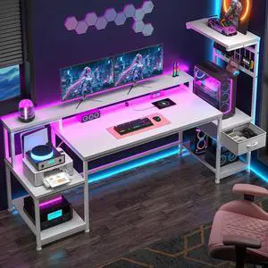 63" Computer Desk with LED Lights & Outlets,Office Desk with Drawers & Monitor Stand,Gaming Desk with 3 Storage Shelves, Hooks& Printer Space for Game&Study Room,Home Office,Bedroom,White 63" Computer Desk with LED Lights & Outlets,Office Desk with Drawers & Monitor Stand,Gaming Desk with 3 Storage Shelves, Hooks& Printer Space for Game&Study Room,Home Office,Bedroom,White