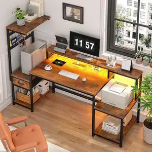 55" Computer Desk with LED Lights & Outlets,Office Desk with Drawers & Monitor Stand,Gaming Desk with 3 Storage Shelves, Hooks& Printer Space for Game&Study Room,Home Office,Bedroom,Brown 55" Computer Desk with LED Lights & Outlets,Office Desk with Drawers & Monitor Stand,Gaming Desk with 3 Storage Shelves, Hooks& Printer Space for Game&Study Room,Home Office,Bedroom,Brown