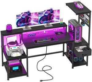 55" Gaming Desk with LED Lights & Outlets,Computer Desk with Drawers & Monitor Stand,Gaming Table with 3 Storage Shelves, Hooks& Printer Space for Game&Study Room,Home Office,Bedroom,Black 55" Gaming Desk with LED Lights & Outlets,Computer Desk with Drawers & Monitor Stand,Gaming Table with 3 Storage Shelves, Hooks& Printer Space for Game&Study Room,Home Office,Bedroom,Black
