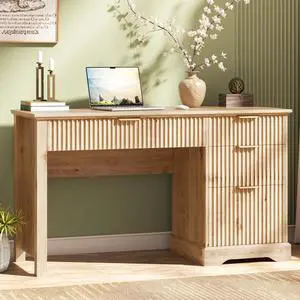 Fluted Executive Desk with Drawers, Wood Computer Desk with Ample File Drawer, Home Office Desk with Storage for Study, Bedroom, Living Room, Oak Fluted Executive Desk with Drawers, Wood Computer Desk with Ample File Drawer, Home Office Desk with Storage for Study, Bedroom, Living Room, Oak