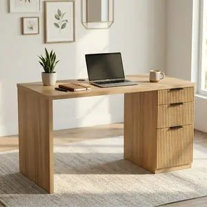 58" Home Office Desk with Power Outlet & File Cabinet, Modern Fluted Executive Desk with 3 Storage Drawers, Large Computer Workstation for Study & Bedroom, Natural Oak 58" Home Office Desk with Power Outlet & File Cabinet, Modern Fluted Executive Desk with 3 Storage Drawers, Large Computer Workstation for Study & Bedroom, Natural Oak