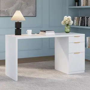 58" Modern Executive Desk with Storage, Home Office Desk with Drawer & Cabinet, Wooden Fluted Desk for Study, Living Room, Bedroom, White 58" Modern Executive Desk with Storage, Home Office Desk with Drawer & Cabinet, Wooden Fluted Desk for Study, Living Room, Bedroom, White
