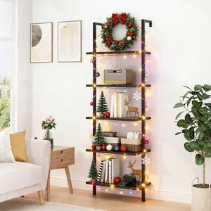 Dark Walnut 5 Tier Wall Mount Ladder Shelf, Metal Frame Bookcase | 23.62" L x 11.81" W x 70.87" H Storage Display Shelves for Living Room, Bedroom, Home, Office Decor Dark Walnut 5 Tier Wall Mount Ladder Shelf, Metal Frame Bookcase | 23.62" L x 11.81" W x 70.87" H Storage Display Shelves for Living Room, Bedroom, Home, Office Decor