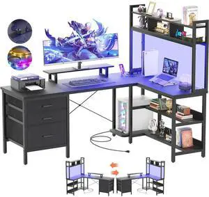 L Shaped Desk with Hutch, Gaming Desk with Led Lights, Reversible Computer Desk with Power Outlet, Corner Desk with File Drawer & Monitor Stand, Storage Shelves for Home Office, Black L Shaped Desk with Hutch, Gaming Desk with Led Lights, Reversible Computer Desk with Power Outlet, Corner Desk with File Drawer & Monitor Stand, Storage Shelves for Home Office, Black