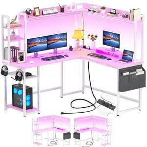 L Shaped Desk with Power Outlet, L Shaped Gaming Desk with Led Light & Hutch, Reversible Home Office Desk, Corner Computer Desk with Monitor Stand & Storage Shelves, Pink L Shaped Desk with Power Outlet, L Shaped Gaming Desk with Led Light & Hutch, Reversible Home Office Desk, Corner Computer Desk with Monitor Stand & Storage Shelves, Pink