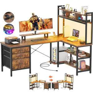 L Shaped Desk with Hutch, Gaming Desk with Led Lights, Reversible Computer Desk with Power Outlet, Corner Desk with File Drawer & Monitor Stand, Storage Shelves for Home, F1, Rustic Brown L Shaped Desk with Hutch, Gaming Desk with Led Lights, Reversible Computer Desk with Power Outlet, Corner Desk with File Drawer & Monitor Stand, Storage Shelves for Home, F1, Rustic Brown
