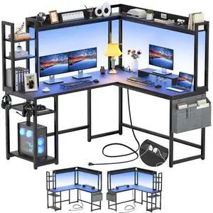 L Shaped Desk with Power Outlet, L Shaped Gaming Desk with Led Light & Hutch, Reversible Home Office Desk, Corner Computer Desk Writing Desk with Monitor Stand & Storage Shelves, Black L Shaped Desk with Power Outlet, L Shaped Gaming Desk with Led Light & Hutch, Reversible Home Office Desk, Corner Computer Desk Writing Desk with Monitor Stand & Storage Shelves, Black