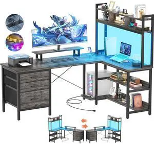 L Shaped Desk with Hutch, Gaming Desk with Led Lights, Reversible Computer Desk with Power Outlet, Corner Desk with File Drawer & Monitor Stand, Storage Shelves for Home Office, Black Oak L Shaped Desk with Hutch, Gaming Desk with Led Lights, Reversible Computer Desk with Power Outlet, Corner Desk with File Drawer & Monitor Stand, Storage Shelves for Home Office, Black Oak