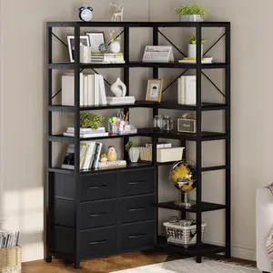 Corner Bookshelf, 7-Tier Bookcases Tall Convertible Book Shelf with 6 Fabric Drawers, Industrial Corner Bookshelves for Living Room, Kitchen, Home Office, Rustic Black Corner Bookshelf, 7-Tier Bookcases Tall Convertible Book Shelf with 6 Fabric Drawers, Industrial Corner Bookshelves for Living Room, Kitchen, Home Office, Rustic Black