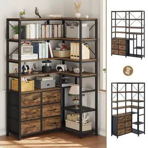 Corner Bookshelf, 7-Tier Industrial Convertible Book Shelf with 6 Fabric Drawers, Corner Bookcase Freestanding Display Shelf for Living Room, Kitchen, Home Office, Rustic Brown Corner Bookshelf, 7-Tier Industrial Convertible Book Shelf with 6 Fabric Drawers, Corner Bookcase Freestanding Display Shelf for Living Room, Kitchen, Home Office, Rustic Brown