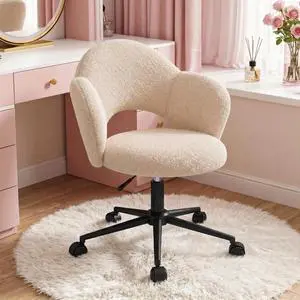 Petal Vanity Chair with Wheels, 3.94" Thick Comfy Desk Chair, Swivel Armless Chair with Open Back and Adjustable Height, Ideal for Makeup Study Work and Relaxation, Creamy Beige Petal Vanity Chair with Wheels, 3.94" Thick Comfy Desk Chair, Swivel Armless Chair with Open Back and Adjustable Height, Ideal for Makeup Study Work and Relaxation, Creamy Beige