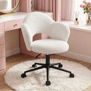 Petal Vanity Chair with Wheels, 3.94" Thick Comfy Desk Chair, Swivel Armless Chair with Open Back and Adjustable Height, Ideal for Makeup Study Work and Relaxation, White Petal Vanity Chair with Wheels, 3.94" Thick Comfy Desk Chair, Swivel Armless Chair with Open Back and Adjustable Height, Ideal for Makeup Study Work and Relaxation, White