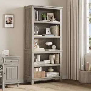 71" Farmhouse Bookcase w/Adjustable Shelves & 31.5" Width, 5 Tier Tall Bookshelf with Wooden Legs, Rustic Vintage Book Shelf for Living Room Office Library (Gray) 71" Farmhouse Bookcase w/Adjustable Shelves & 31.5" Width, 5 Tier Tall Bookshelf with Wooden Legs, Rustic Vintage Book Shelf for Living Room Office Library (Gray)