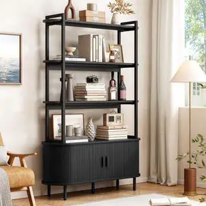 71" Tall Bookshelf, 4-Tier Book Shelf with Storage Cabinet, Modern Bookcase with Sliding Door and Adjustable Footpad, Freestanding Storage Organizer Bookshelf for Living Room, Bedroom, Black 71" Tall Bookshelf, 4-Tier Book Shelf with Storage Cabinet, Modern Bookcase with Sliding Door and Adjustable Footpad, Freestanding Storage Organizer Bookshelf for Living Room, Bedroom, Black