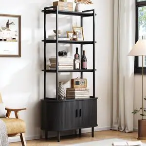 71" Tall Bookshelf, 4-Tier Book Shelf with Storage Cabinet, Modern Bookcase with Sliding Door and Adjustable Footpad, Freestanding Storage Organizer Bookshelf for Living Room, Bedroom, Black 71" Tall Bookshelf, 4-Tier Book Shelf with Storage Cabinet, Modern Bookcase with Sliding Door and Adjustable Footpad, Freestanding Storage Organizer Bookshelf for Living Room, Bedroom, Black