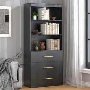 71" Tall Black Bookshelf with Drawers, Bookcase and Bookshelf with 3-Tier Open Shelves, Tall Bookcase Tall Storage Cabinet for Home Office Living Room, 13.8" D x 31.5" W x 71" H 71" Tall Black Bookshelf with Drawers, Bookcase and Bookshelf with 3-Tier Open Shelves, Tall Bookcase Tall Storage Cabinet for Home Office Living Room, 13.8" D x 31.5" W x 71" H