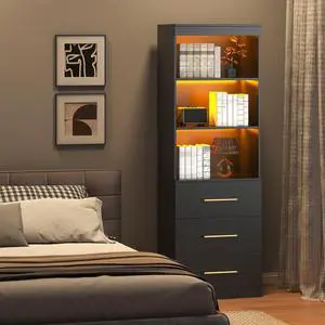 71H Black Bookshelf with LED Light, Bookcase and Bookshelf with Drawers, Tall Bookcase Tall Storage Cabinet 3-Tier Open Shelves for Home Office Living Room Hallway, 13.8"D x 23.6"W x 70.9"H 71H Black Bookshelf with LED Light, Bookcase and Bookshelf with Drawers, Tall Bookcase Tall Storage Cabinet 3-Tier Open Shelves for Home Office Living Room Hallway, 13.8"D x 23.6"W x 70.9"H