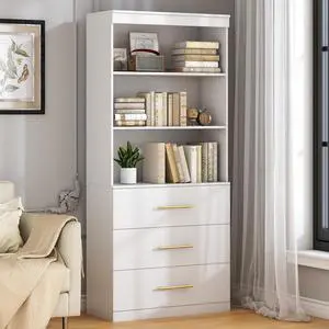 71" Tall White Bookshelf with Drawers, Bookcase and Bookshelf with 3-Tier Open Shelves, Tall Bookcase Tall Storage Cabinet for Home Office Living Room, 13.8" D x 31.5" W x 71" H 71" Tall White Bookshelf with Drawers, Bookcase and Bookshelf with 3-Tier Open Shelves, Tall Bookcase Tall Storage Cabinet for Home Office Living Room, 13.8" D x 31.5" W x 71" H