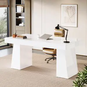 55-Inch Executive Desk, Large Wood Office Computer Desk with Double Pedestal, Modern Minimalist Workstations Writing Table Conference Table Furniture for Home Office, White 55-Inch Executive Desk, Large Wood Office Computer Desk with Double Pedestal, Modern Minimalist Workstations Writing Table Conference Table Furniture for Home Office, White