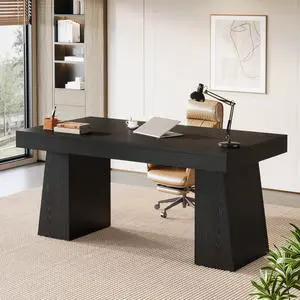 55-Inch Executive Desk, Thick Wood Office Computer Desk with Double Pedestal, Modern Minimalist Workstations Writing Table Conference Table Furniture for Home Office, Black 55-Inch Executive Desk, Thick Wood Office Computer Desk with Double Pedestal, Modern Minimalist Workstations Writing Table Conference Table Furniture for Home Office, Black