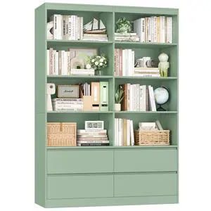 Bookshelves and Bookcase, 6-Tier Double Wide Bookshelf with Drawers, 71" Tall Bookshelf Large Open Book Shelf Standing Book Case for Home Office, Green Bookshelves and Bookcase, 6-Tier Double Wide Bookshelf with Drawers, 71" Tall Bookshelf Large Open Book Shelf Standing Book Case for Home Office, Green