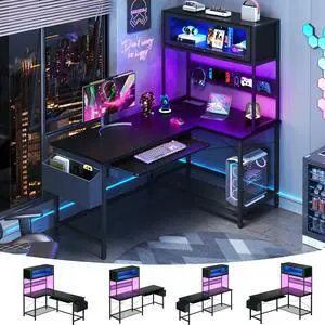 L Shaped Gaming Desk with Power Outlets & LED Lights, 39'' Small Reversible Computer Desk with Hutch & Pegboard & Display Cabinet, Corner Home Office Desk with Keyboard Tray & Storage Bag, Black L Shaped Gaming Desk with Power Outlets & LED Lights, 39'' Small Reversible Computer Desk with Hutch & Pegboard & Display Cabinet, Corner Home Office Desk with Keyboard Tray & Storage Bag, Black