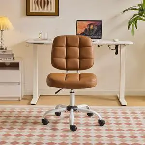Compact Small Desk Chair, Cute Armless Chair with Wheels, Vanity Chair with Low Back, Height Adjustable Task Chair for Small Spaces, Office, Bedroom, Make Up Room, PU Leather, Brown Compact Small Desk Chair, Cute Armless Chair with Wheels, Vanity Chair with Low Back, Height Adjustable Task Chair for Small Spaces, Office, Bedroom, Make Up Room, PU Leather, Brown