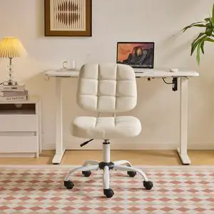 Compact Small Desk Chair, Cute Armless Chair with Wheels, Vanity Chair with Low Back, Height Adjustable Task Chair for Small Spaces, Office, Bedroom, Make Up Room, PU Leather, White Compact Small Desk Chair, Cute Armless Chair with Wheels, Vanity Chair with Low Back, Height Adjustable Task Chair for Small Spaces, Office, Bedroom, Make Up Room, PU Leather, White