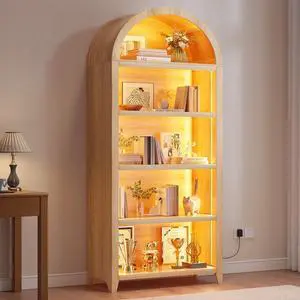 Arch Bookcase - 5 Tiers Bookshelf with 3 Colors LED Sensor Lights and Thickened Wooden Design Display Shelf for Lego Books Bathroom Living Room - Ideal Gift (Wood) Arch Bookcase - 5 Tiers Bookshelf with 3 Colors LED Sensor Lights and Thickened Wooden Design Display Shelf for Lego Books Bathroom Living Room - Ideal Gift (Wood)