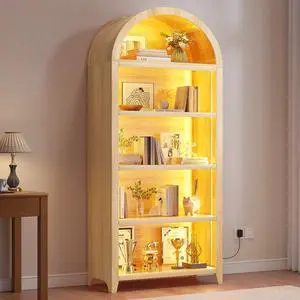 Arched Bookcase 5 Tier - Bookshelf with LED Sensor Lights Light Wood | 3 Color LED Sensor Lights, Thickened Wooden Design, Display Shelf, For Living Room Bathroom, Bookshelf Storage Organizer Arched Bookcase 5 Tier - Bookshelf with LED Sensor Lights Light Wood | 3 Color LED Sensor Lights, Thickened Wooden Design, Display Shelf, For Living Room Bathroom, Bookshelf Storage Organizer