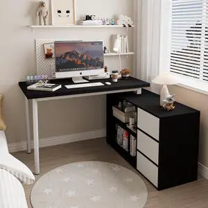 L Shaped Computer Desk, 47 Inch Home Office Desk with File Drawers & Storage Shelves, Small Corner Computer Desk for Small Space (Black + White) L Shaped Computer Desk, 47 Inch Home Office Desk with File Drawers & Storage Shelves, Small Corner Computer Desk for Small Space (Black + White)