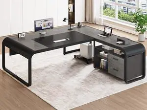 61 Inch Executive Desk, Large Office Desk with File Drawer, L Shaped Desk with Drawers, Computer Desk with Mobile CPU Stand, Storage Shelves, Power Outlets for Home Office, Gray 61 Inch Executive Desk, Large Office Desk with File Drawer, L Shaped Desk with Drawers, Computer Desk with Mobile CPU Stand, Storage Shelves, Power Outlets for Home Office, Gray