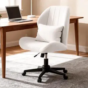 Criss Cross Chair with Wheels, Wide Cross Legged Office Chair Armless Comfy Desk Chair with Tall Back Vanity Chairs with Stress Relief Curved Design Seat for Bedroom & Office & Home Ivory White Criss Cross Chair with Wheels, Wide Cross Legged Office Chair Armless Comfy Desk Chair with Tall Back Vanity Chairs with Stress Relief Curved Design Seat for Bedroom & Office & Home Ivory White