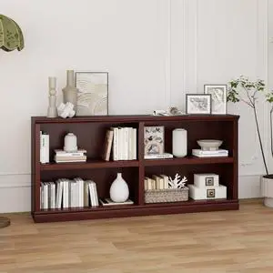 Low Horizontal Bookshelf Double Wide 64" 2-Tier Bookcase 4 Cube Storage Organizer Cherry Wood Bookcases for Bedroom and Home Office Decor Display Low Horizontal Bookshelf Double Wide 64" 2-Tier Bookcase 4 Cube Storage Organizer Cherry Wood Bookcases for Bedroom and Home Office Decor Display
