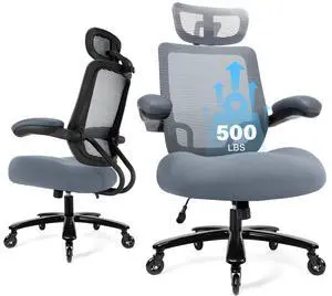 500lbs Big and Tall Office Chair - Heavy Duty Mesh Ergonomic Desk Chair with Headrest, High Back Computer Chair - Flip-up Armrests, Wide Thick Seat Cushion, Quiet Wheels, Grey 500lbs Big and Tall Office Chair - Heavy Duty Mesh Ergonomic Desk Chair with Headrest, High Back Computer Chair - Flip-up Armrests, Wide Thick Seat Cushion, Quiet Wheels, Grey