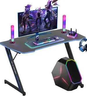 Z-Shaped Gaming Computer Desk - 47" Large Gaming Table with Carbon Fiber Surface, Sturdy Metal Frame, Blue Z-Shaped Gaming Computer Desk - 47" Large Gaming Table with Carbon Fiber Surface, Sturdy Metal Frame, Blue