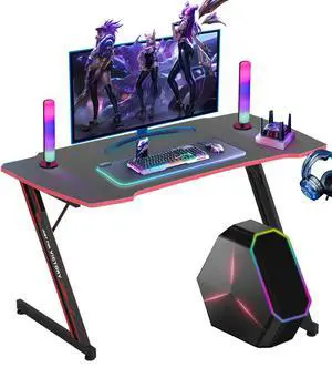 47 in Z-Shaped Home Computer Desk with Hook - Large Gaming Table for Work & Study, PC Gaming Workstation with Carbon Fiber Surface, Sturdy Metal Frame, Stable and Durable, Red 47 in Z-Shaped Home Computer Desk with Hook - Large Gaming Table for Work & Study, PC Gaming Workstation with Carbon Fiber Surface, Sturdy Metal Frame, Stable and Durable, Red