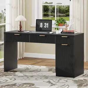 60" Executive Desk with Fluted Drawers, Wood Home Office Desk with Storage Cabinet, Fluted Reversible Computer Writing Desk for Study, Living Room,Black 60" Executive Desk with Fluted Drawers, Wood Home Office Desk with Storage Cabinet, Fluted Reversible Computer Writing Desk for Study, Living Room,Black