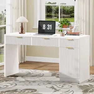 60" Executive Desk with Fluted Drawers, Wood Home Office Desk with Storage Cabinet, Fluted Reversible Computer Writing Desk for Study, Living Room,White 60" Executive Desk with Fluted Drawers, Wood Home Office Desk with Storage Cabinet, Fluted Reversible Computer Writing Desk for Study, Living Room,White