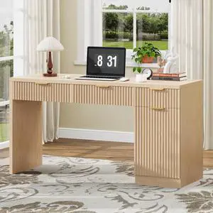 60" Executive Desk with Fluted Drawers, Wood Home Office Desk with Storage Cabinet, Fluted Computer Writing Desk for Study, Living Room, Natural Oak 60" Executive Desk with Fluted Drawers, Wood Home Office Desk with Storage Cabinet, Fluted Computer Writing Desk for Study, Living Room, Natural Oak