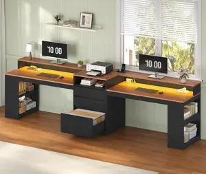 96.6" Long Computer Desk, 2 Person Desk with LED Lights & Power Outlet, Modern Two Person Gaming Desk with File Drawers, Monitor Stand, Printer Shelf & Storage, Double Table for Home Office Black 96.6" Long Computer Desk, 2 Person Desk with LED Lights & Power Outlet, Modern Two Person Gaming Desk with File Drawers, Monitor Stand, Printer Shelf & Storage, Double Table for Home Office Black